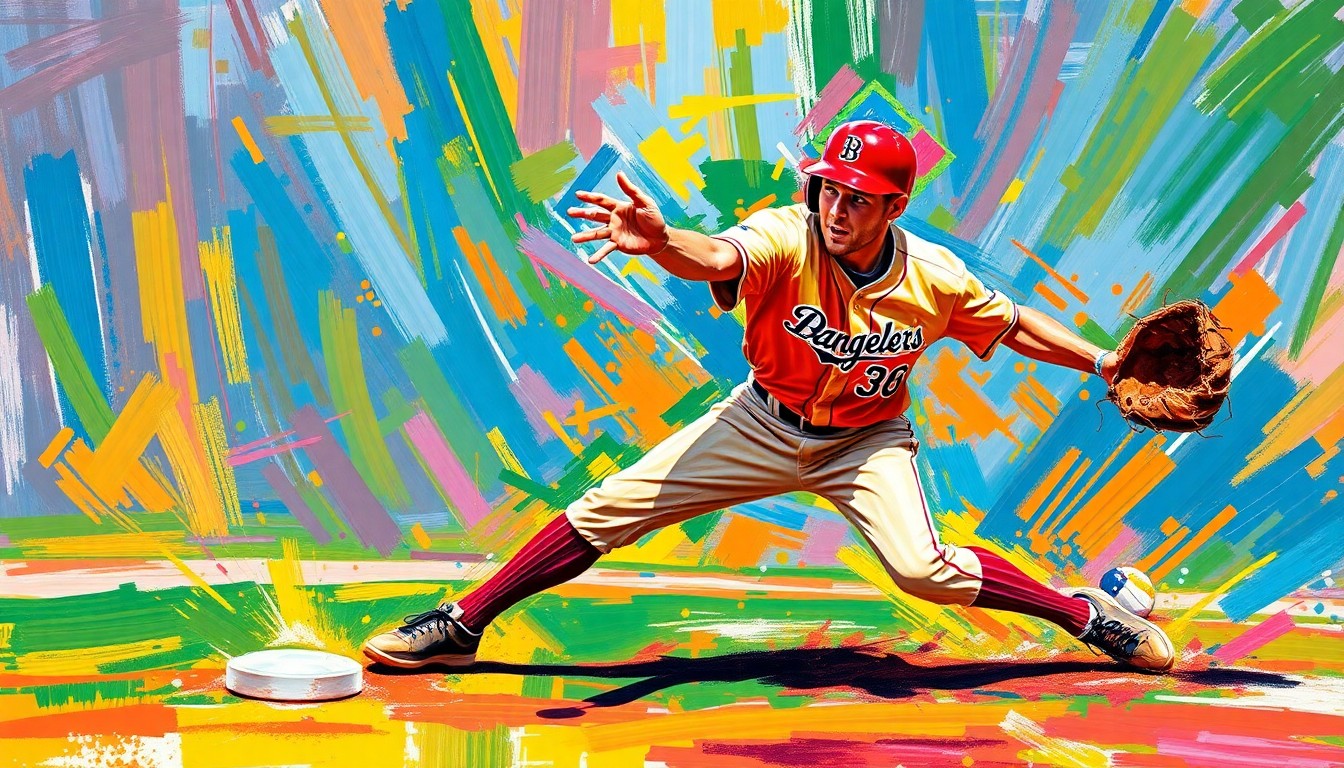 An abstract, expressionist painting in vibrant neon colors depicting the dynamic motion and energy of a baseball shortstop fielding a ground ball and making a throw to first base.