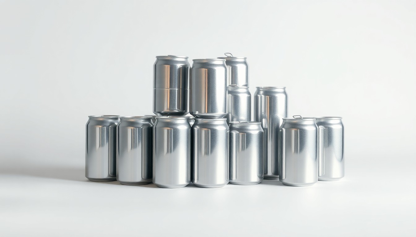 A photorealistic studio still-life image featuring a stack of shiny, metallic aluminum cans in various stages of the recycling process, arranged elegantly on a clean, monochromatic background to conceptually represent the circular economy and sustainable recycling practices.