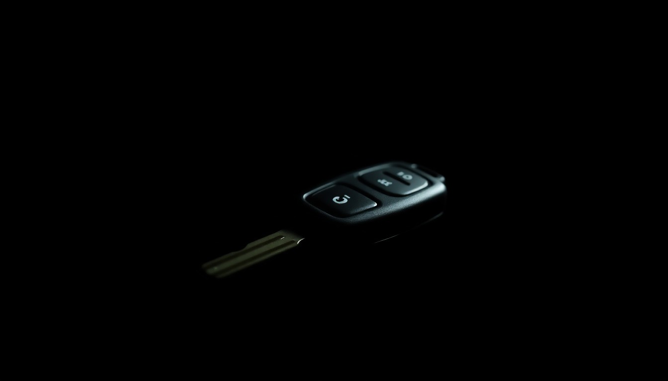 An extreme close-up photograph of a car key fob against a pitch-black background, lit by a harsh, direct camera flash, conceptually representing the physical evidence at the center of a police investigation into an incident involving a student near a school.