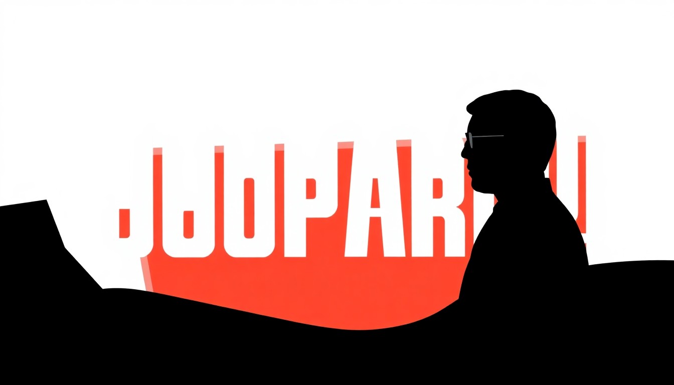 A striking, abstract composition of geometric shapes and bold silhouettes in high-contrast colors, conceptually representing the iconic Jeopardy! brand and the intense competition among its top contestants.