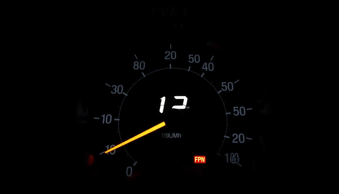 An extreme close-up of a car speedometer showing a reading of 122 mph, captured with a harsh, direct camera flash against a pitch-black background, creating a stark, gritty, investigative aesthetic.