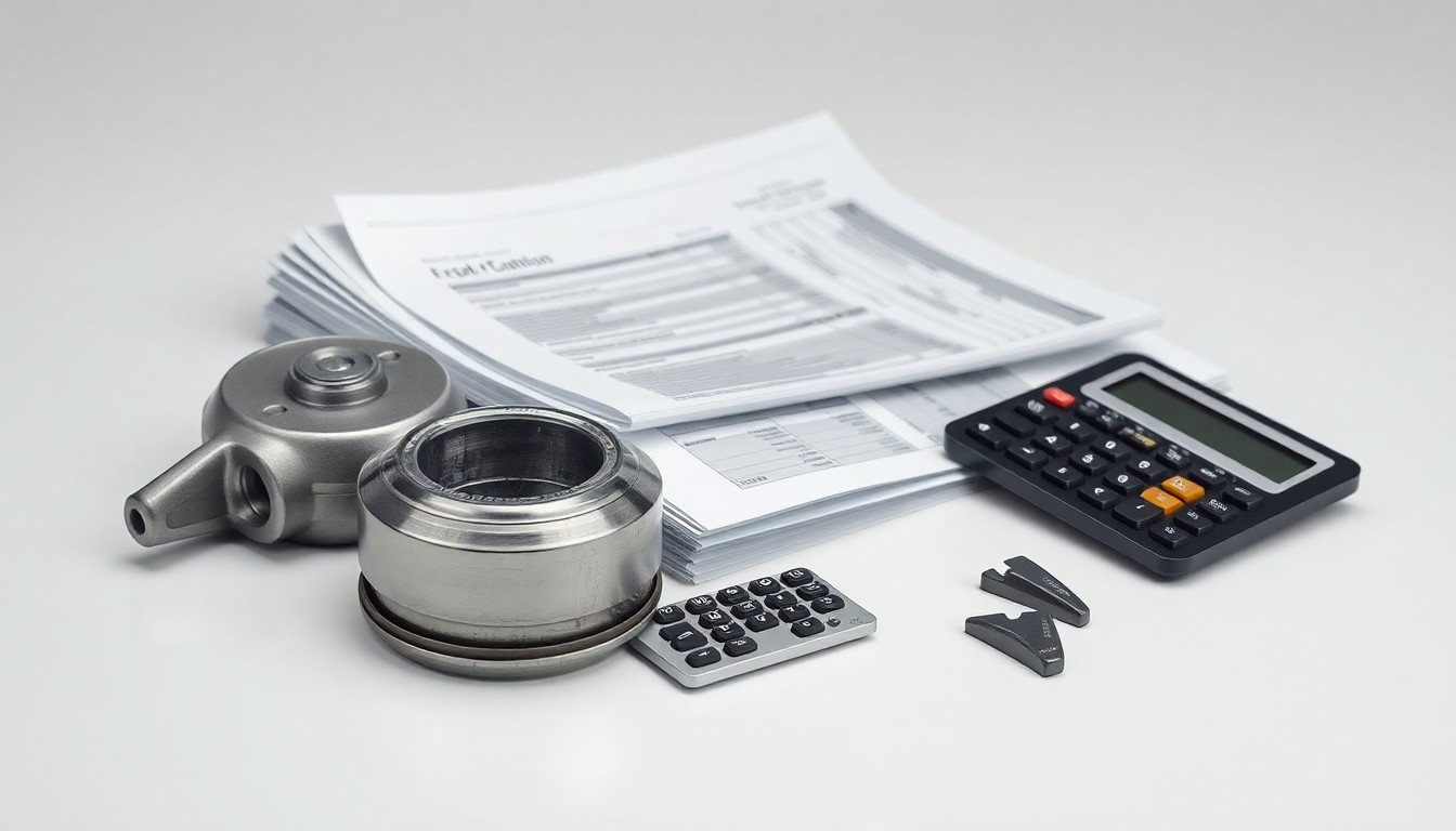 A photorealistic studio photograph featuring a polished metal car part, a stack of financial documents, and a broken calculator on a clean, monochromatic background, conceptually representing the corporate finance and risk issues at the center of the Driven Brands class action lawsuit.