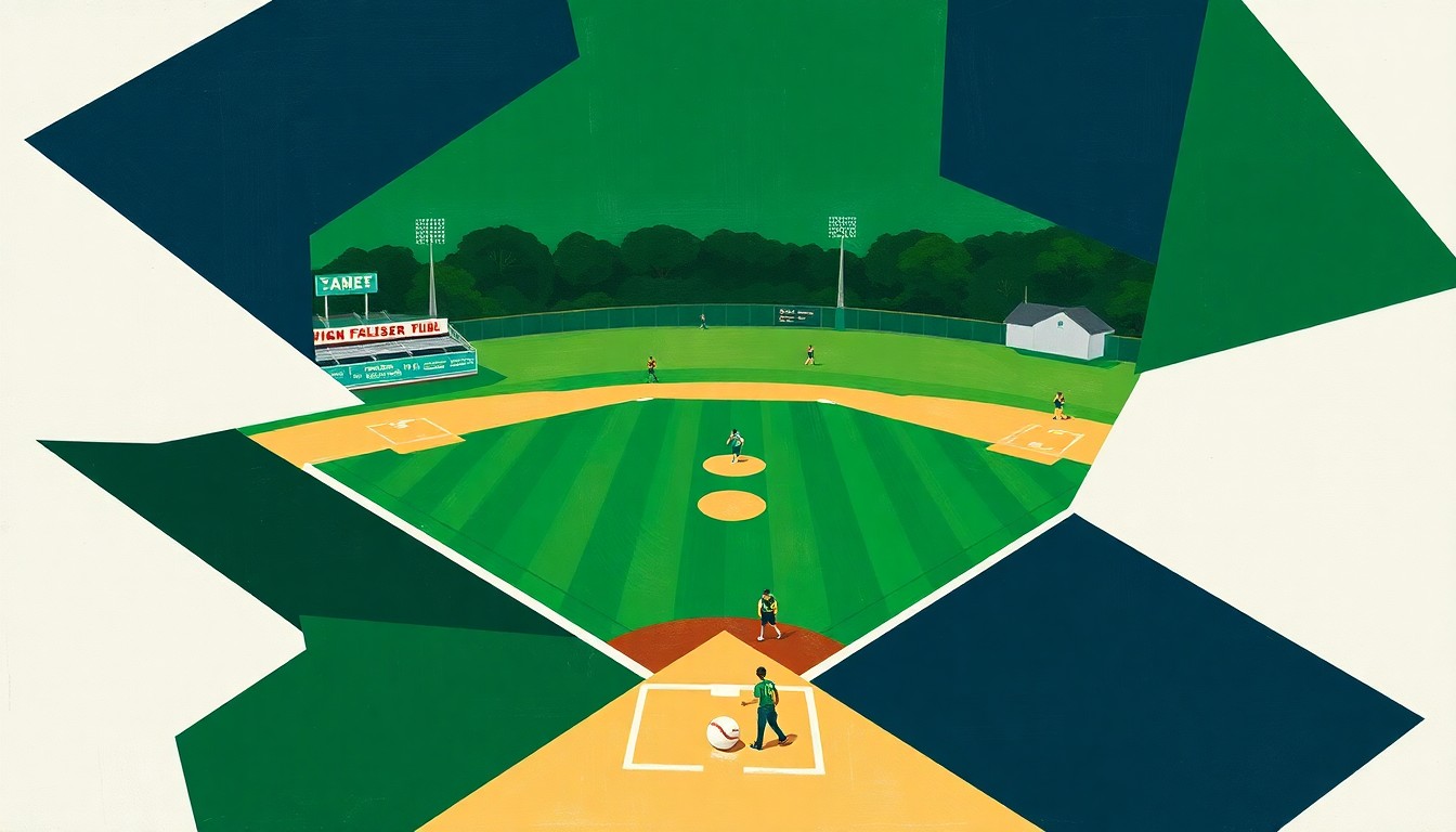 A cubist-style painting depicting a high school softball game, with the players and field broken down into sharp, overlapping geometric shapes in shades of green, blue, and white, conveying the dynamic energy and competitive spirit of the sport.