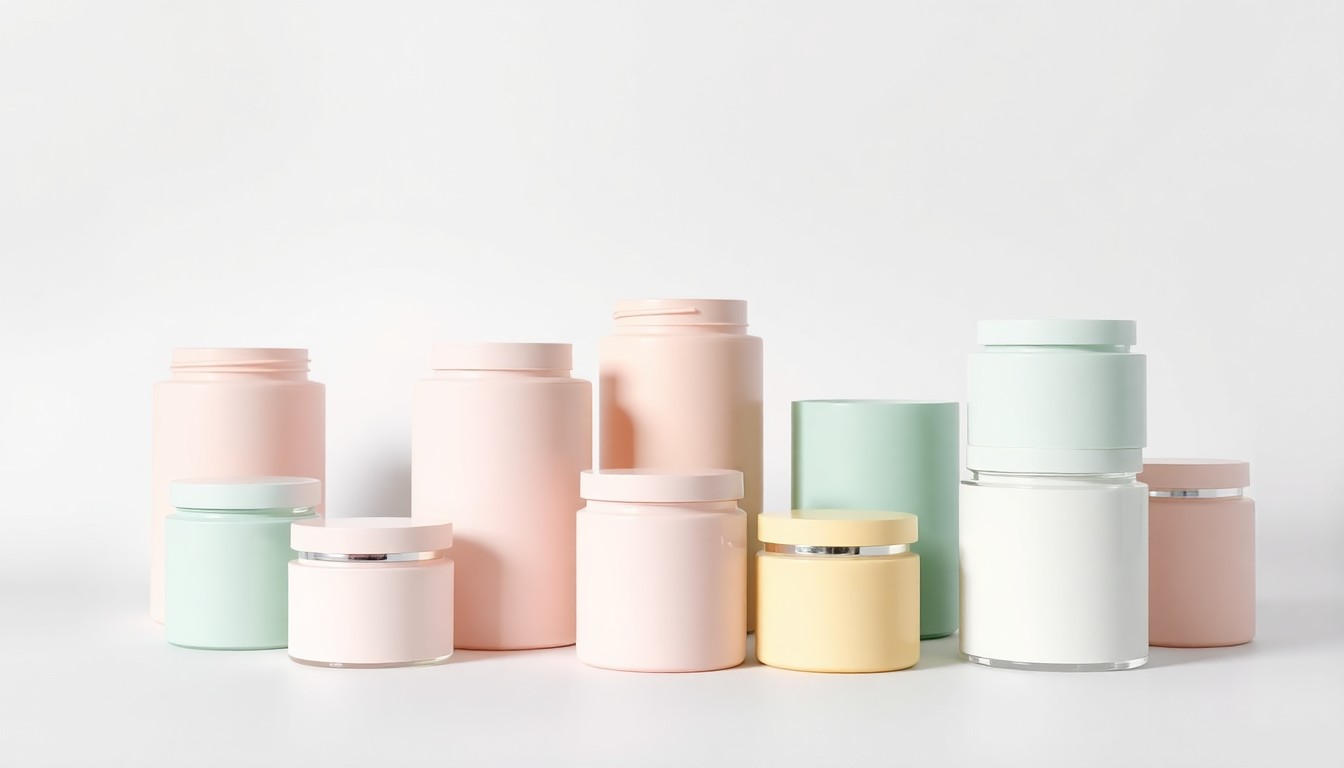 A high-end studio photograph featuring a collection of modern, pastel-colored plastic jars arranged elegantly on a clean white background, conceptually representing the shift toward more sustainable packaging solutions in the corporate world.