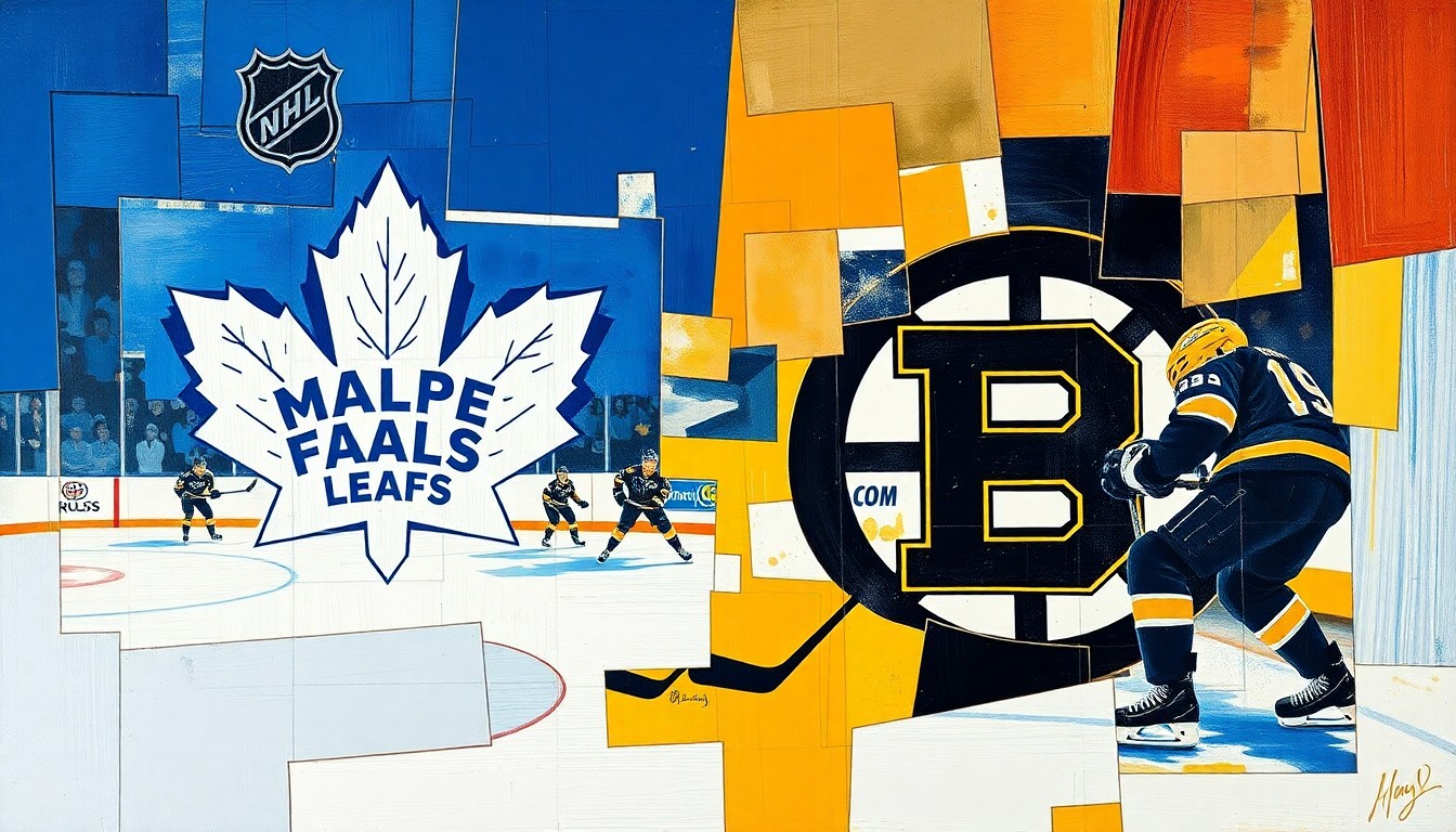 A cubist, geometric painting depicting a fragmented hockey scene or draft lottery, with sharp overlapping planes in the Maple Leafs' blue and white colors and the Bruins' black and gold, conceptually representing the high stakes and complex implications of the Leafs' draft pick situation.
