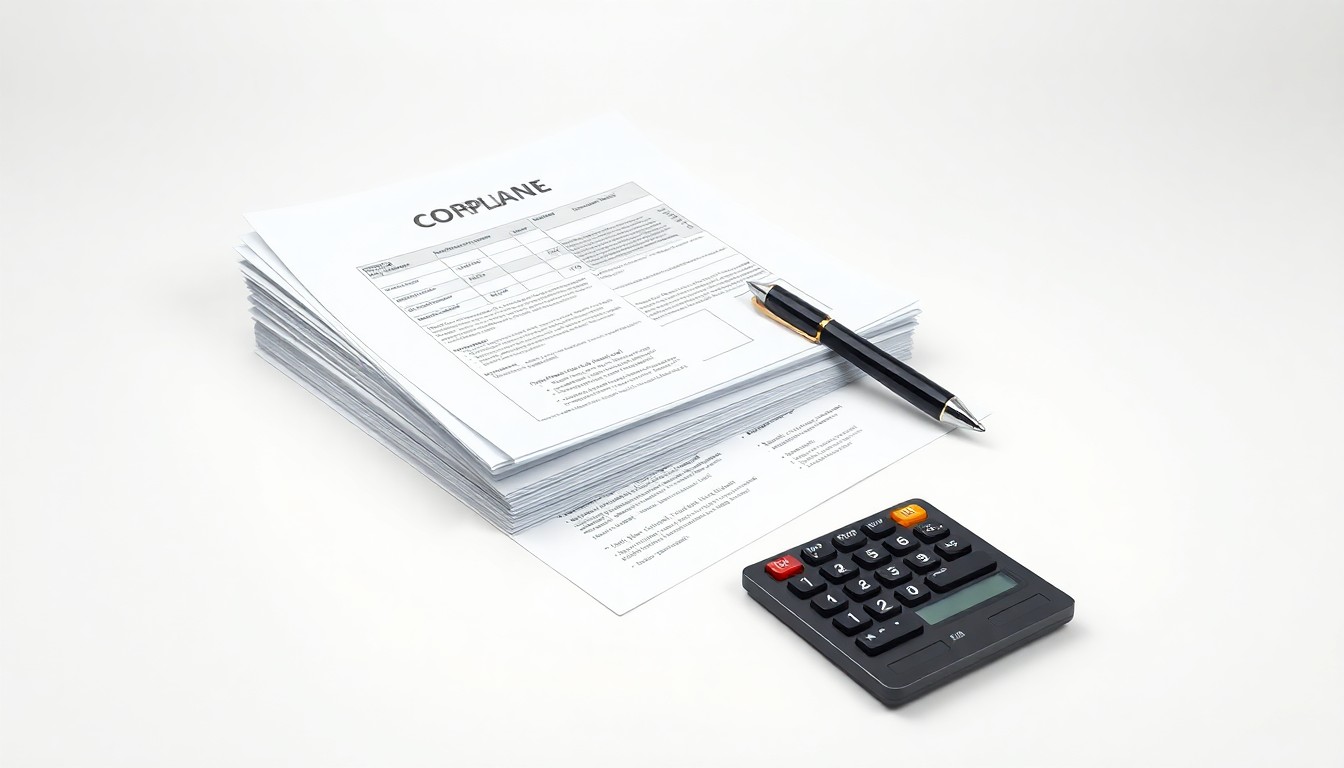 A minimalist studio still life photograph featuring a stack of financial documents, a pen, and a calculator arranged on a clean white background, representing the abstract concepts of financial compliance and risk management.