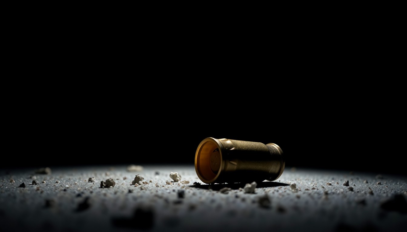 An extreme close-up photograph of a spent shell casing on the ground, lit by a harsh, direct camera flash against a pitch-black background, conceptually illustrating the aftermath of a shooting incident.