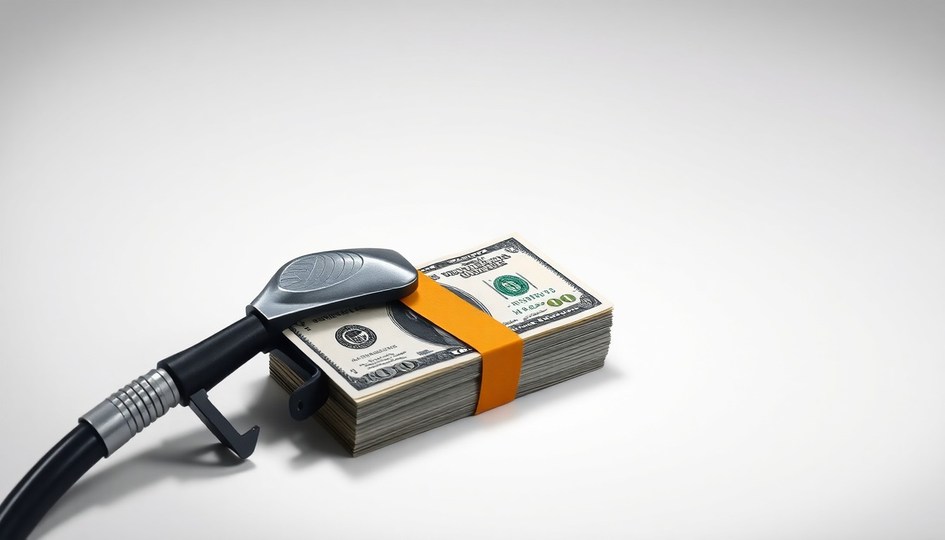 A close-up photograph of a polished metal gas pump nozzle and a stack of crisp dollar bills, arranged elegantly on a clean, white background with dramatic studio lighting and deep shadows, symbolizing the abstract concepts of energy markets and consumer spending.
