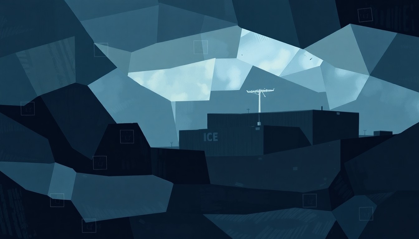 A heavily textured, abstract painting of an ICE detention facility rendered in overlapping, fractured geometric shapes in dark blue, grey, and black, conveying a sense of chaos and resistance against the agency's expansion.