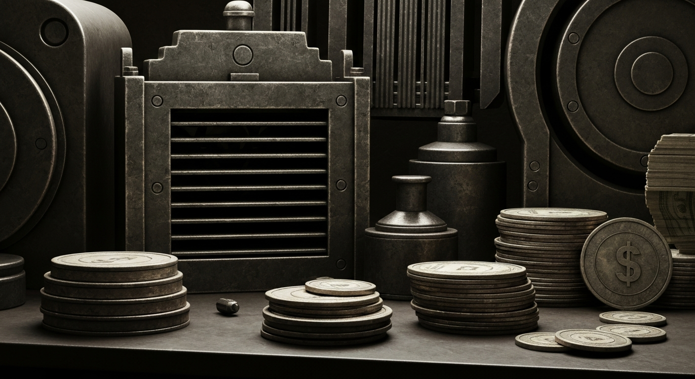 An extreme close-up of various metal and mechanical banking components, conveying a sense of industrial power and financial security without depicting any literal currency or financial symbols.