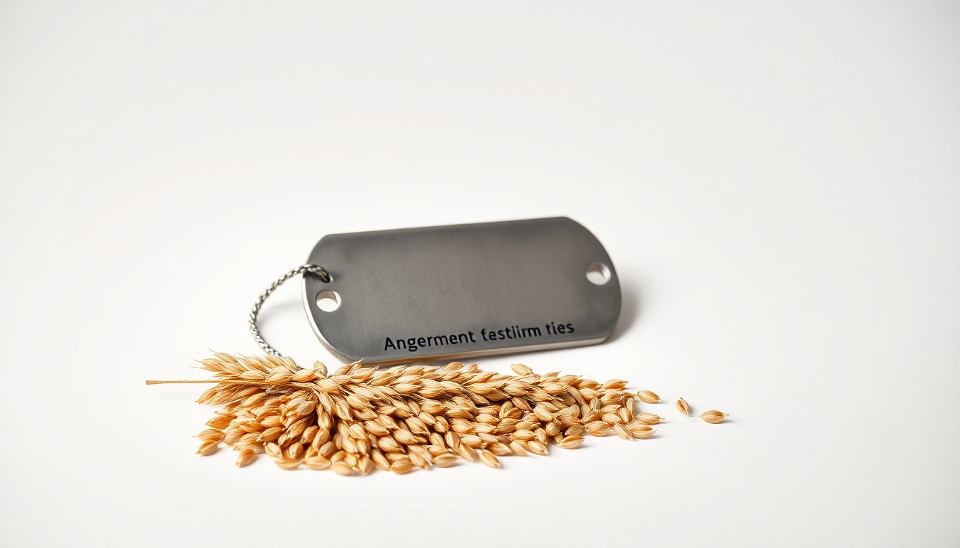 A high-end, photorealistic studio still-life photograph featuring a premium, polished metal cattle tag and a handful of freshly harvested wheat grains on a clean, monochromatic seamless background, conceptually representing the abstract challenges of modern cattle ranching.