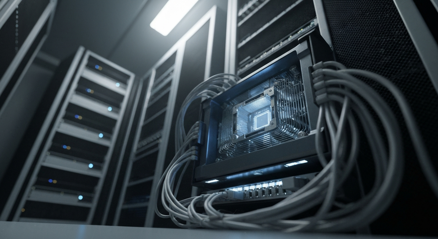 An extreme close-up of a complex array of metal gears, circuits, and cables, conveying the technical complexity and institutional scale of Adobe's financial operations.