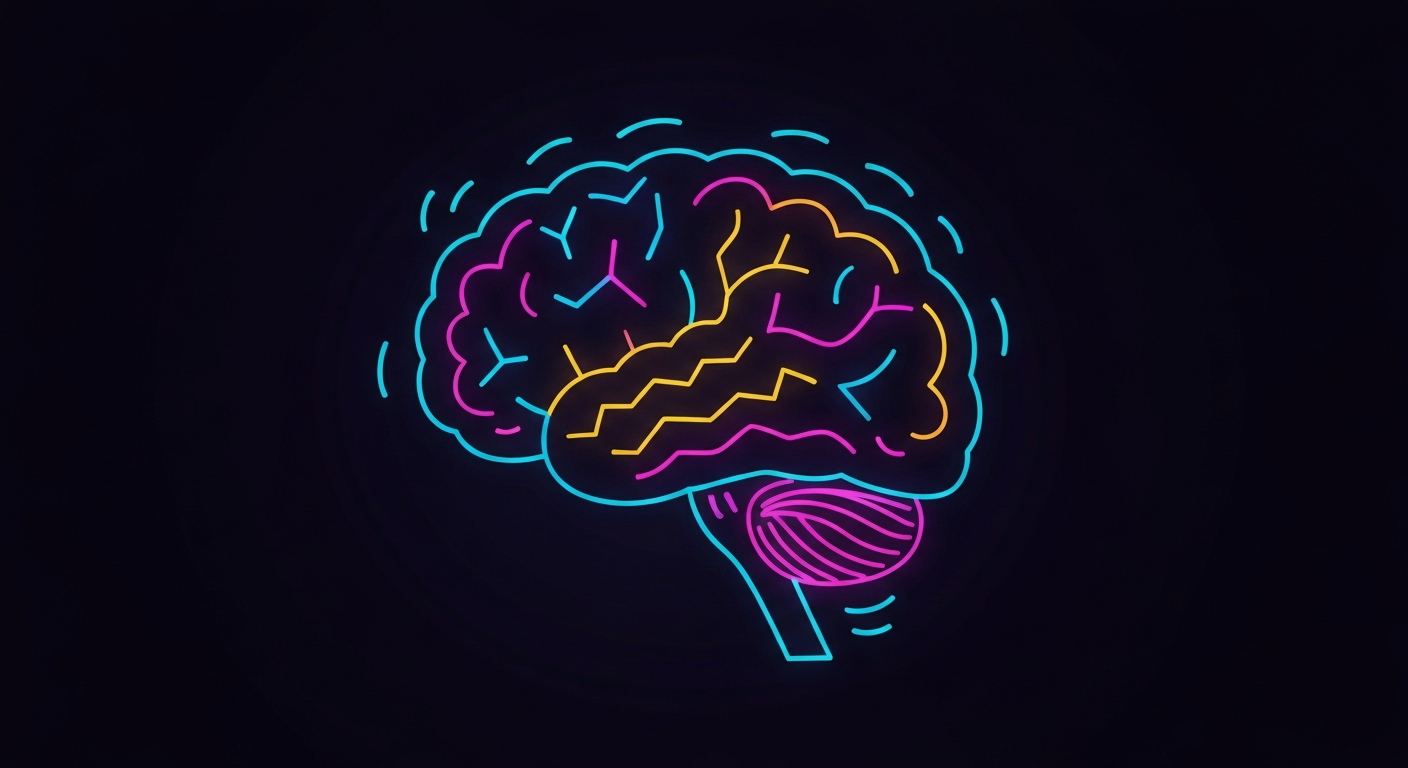 A glowing, neon outline of a human brain against a dark background, conceptually representing the potential impact of weight loss medications on the brain's dopamine pathways and emotional responses.