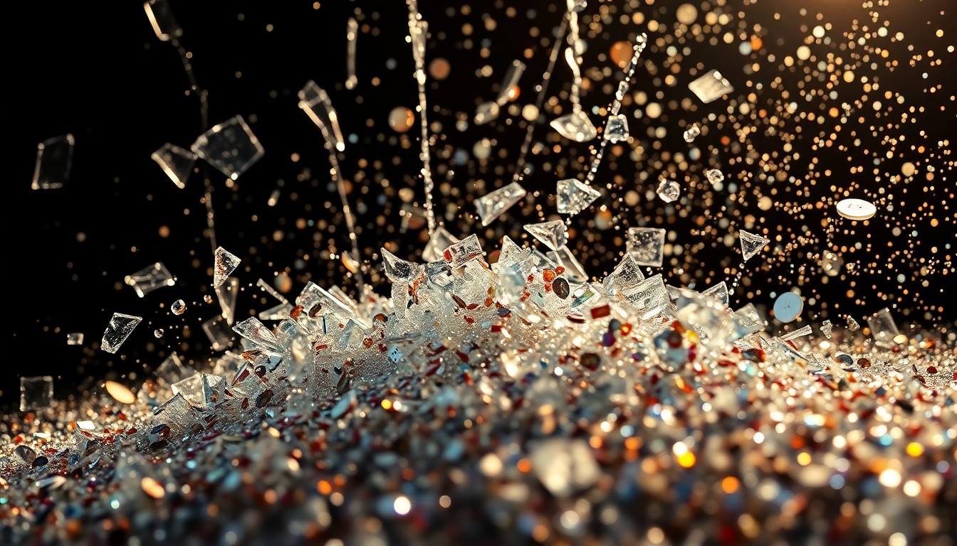 An abstract close-up photograph featuring shattered glass and glittering sequins, captured in dramatic high-contrast studio lighting to create a glamorous, high-fashion aesthetic that conceptually represents the tension and drama of late-night television and celebrity culture.