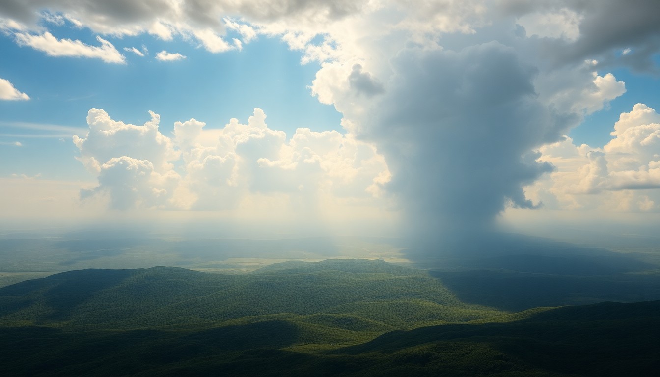 A vast, majestic landscape painting in muted tones, with a dramatic sky and horizon dominating the composition, conveying the sublime scale and mild weather conditions of the South Florida region.