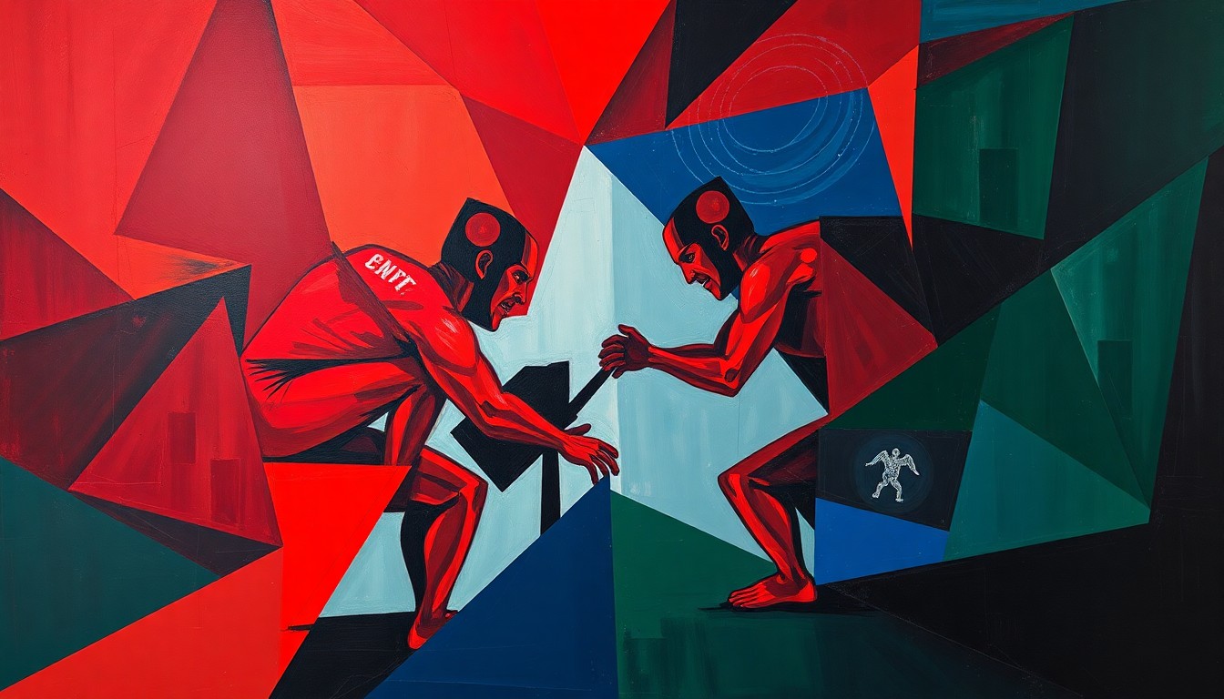A cubist, geometric painting depicting a wrestling match, with sharp, overlapping planes of color representing the dynamic movements and competition of the sport.