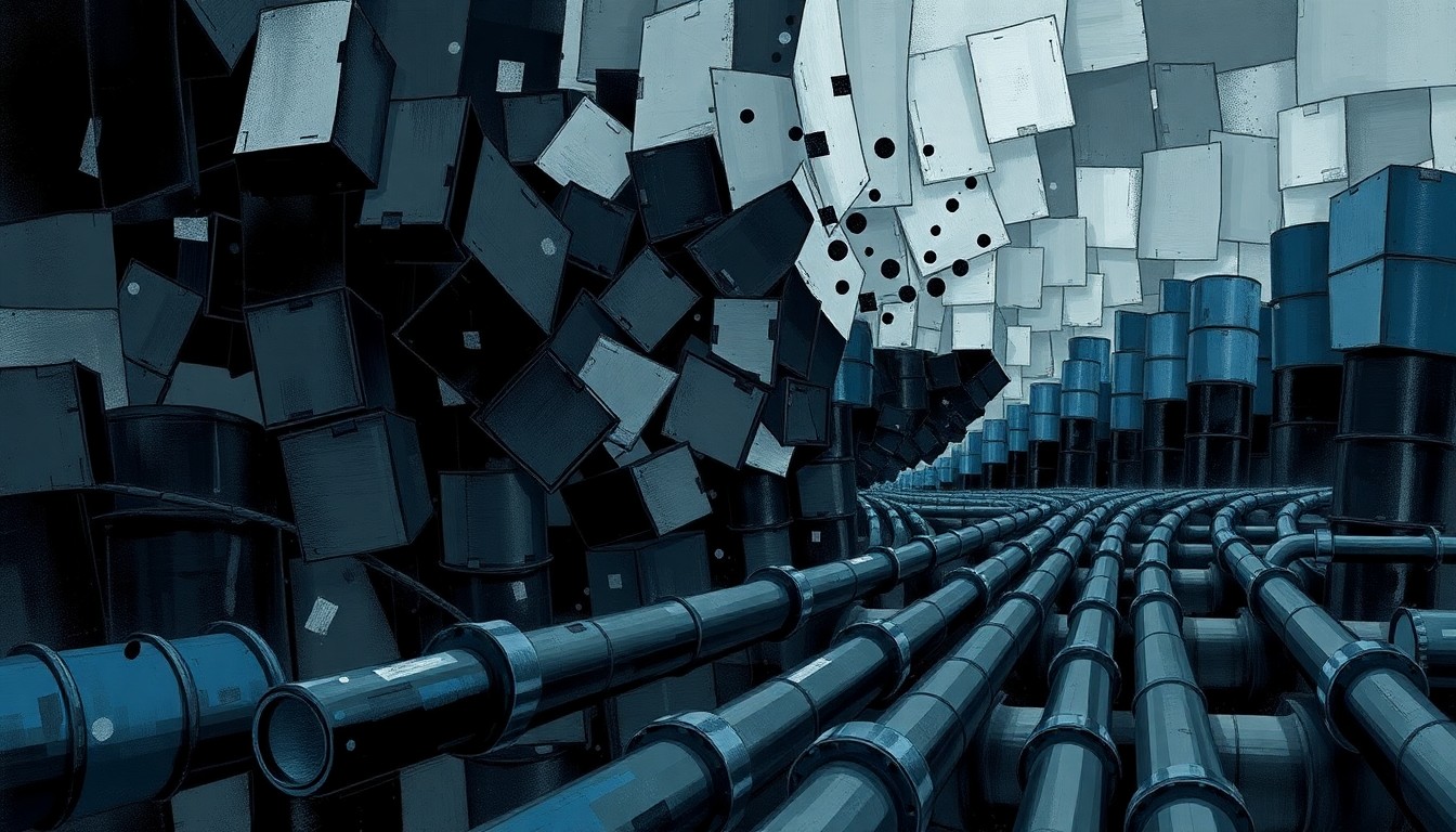 A fragmented, abstract painting of oil industry equipment and infrastructure in dark, moody colors, conceptually representing the volatility and opacity of the global oil market.