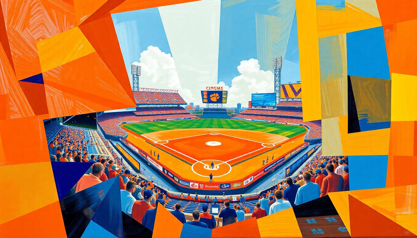 A cubist, geometric painting depicting a baseball game between Clemson and Virginia, with the players and field broken down into overlapping planes of orange, blue, and other vibrant colors.