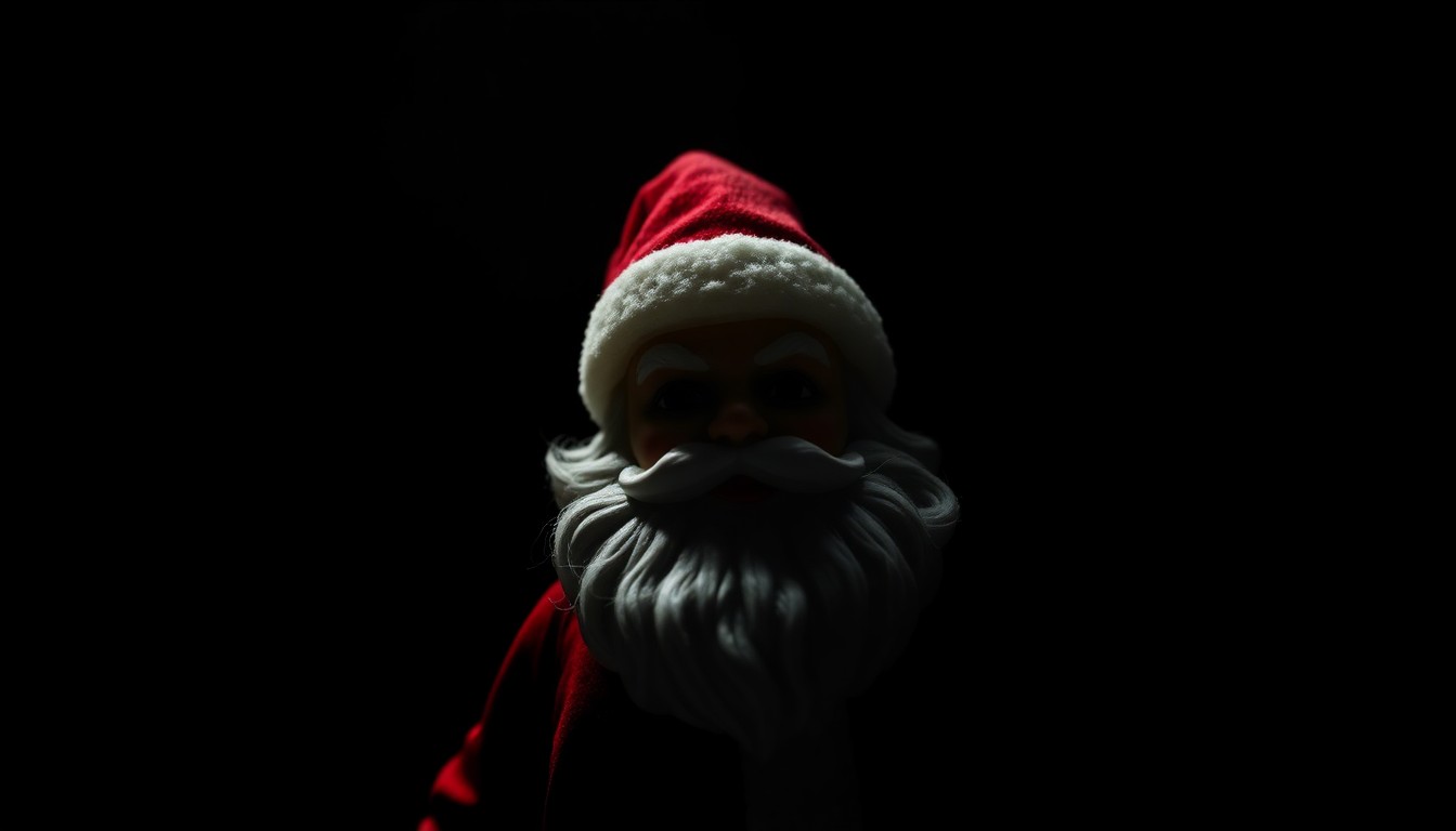 An extreme close-up photograph of a Santa Claus figurine or other holiday-themed object against a pitch-black background, lit by a harsh, direct camera flash, creating a stark, gritty, and investigative aesthetic to conceptually represent the allegations of fraud surrounding the SantaCon event.