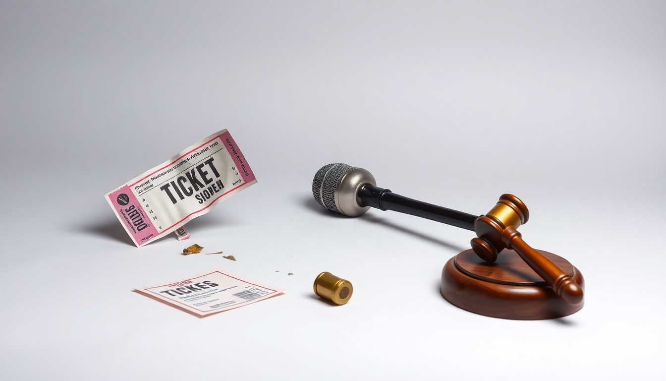 A photorealistic studio still life featuring a crumpled ticket stub, a broken microphone, and a shattered gavel on a clean, monochromatic background, conceptually representing the disruption and legal consequences of Live Nation's alleged monopolistic practices.