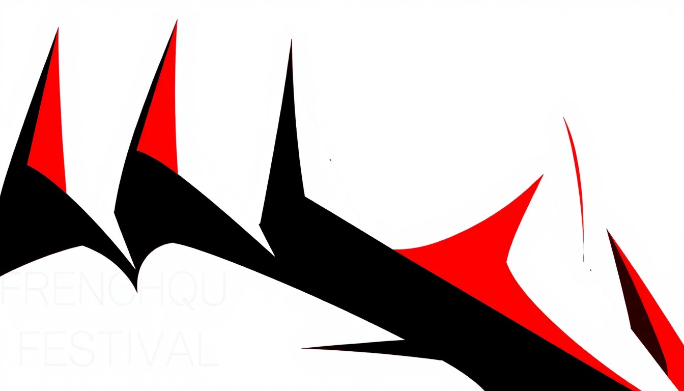 A dynamic abstract illustration featuring bold, angular shapes in red, white, and black, conveying the celebratory energy of a community festival.