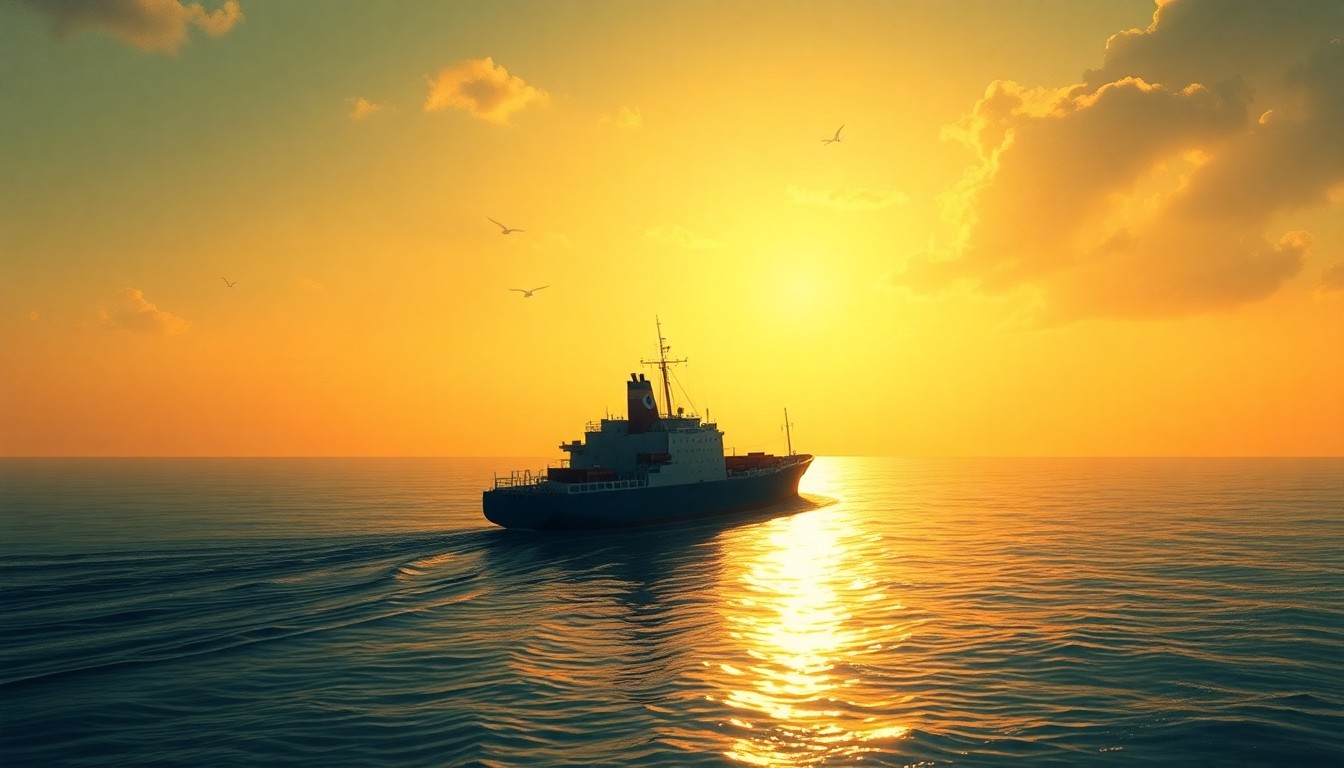 A serene oil painting of a cargo ship passing through a narrow waterway, with warm sunlight and deep shadows creating a sense of quiet tension.