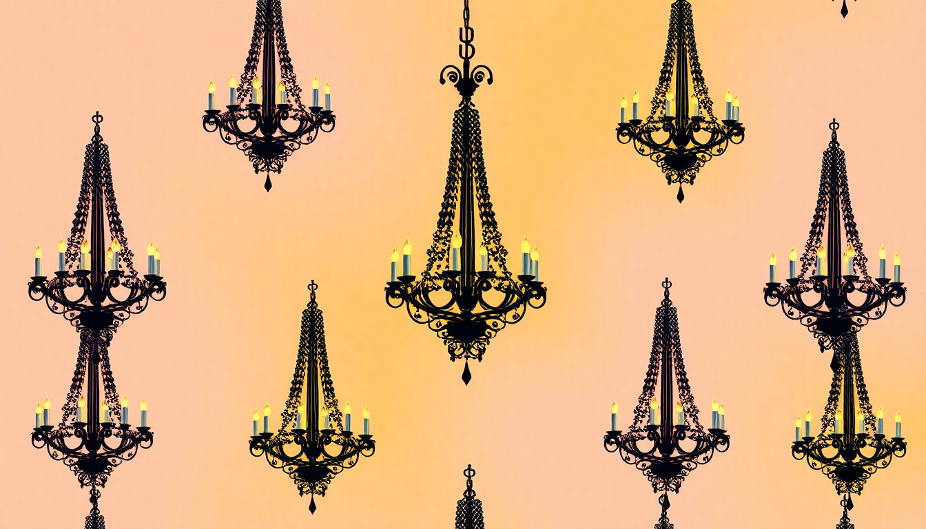 A brightly colored, high-contrast silkscreen print of a vintage wedding chandelier repeated in a tight grid pattern, capturing the iconic charm and elegance of the Silver Lake Ballroom in a modern pop art style.
