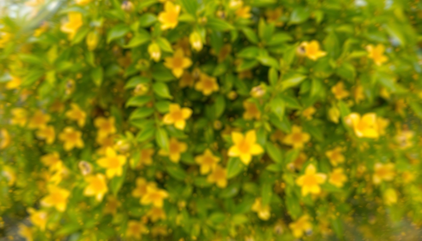 An abstract, impressionistic photograph of a verdant, blooming garden scene, with soft, out-of-focus pools of earthy green, yellow, and red hues, conceptually representing the beauty and potential of home gardening in Louisiana.