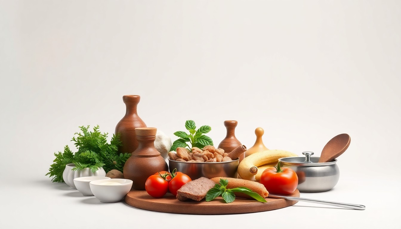 A high-end studio still life featuring a selection of premium Italian cooking ingredients and utensils, conceptually representing the artisanal quality and timeless tradition of Cibo's Restaurant's cuisine.
