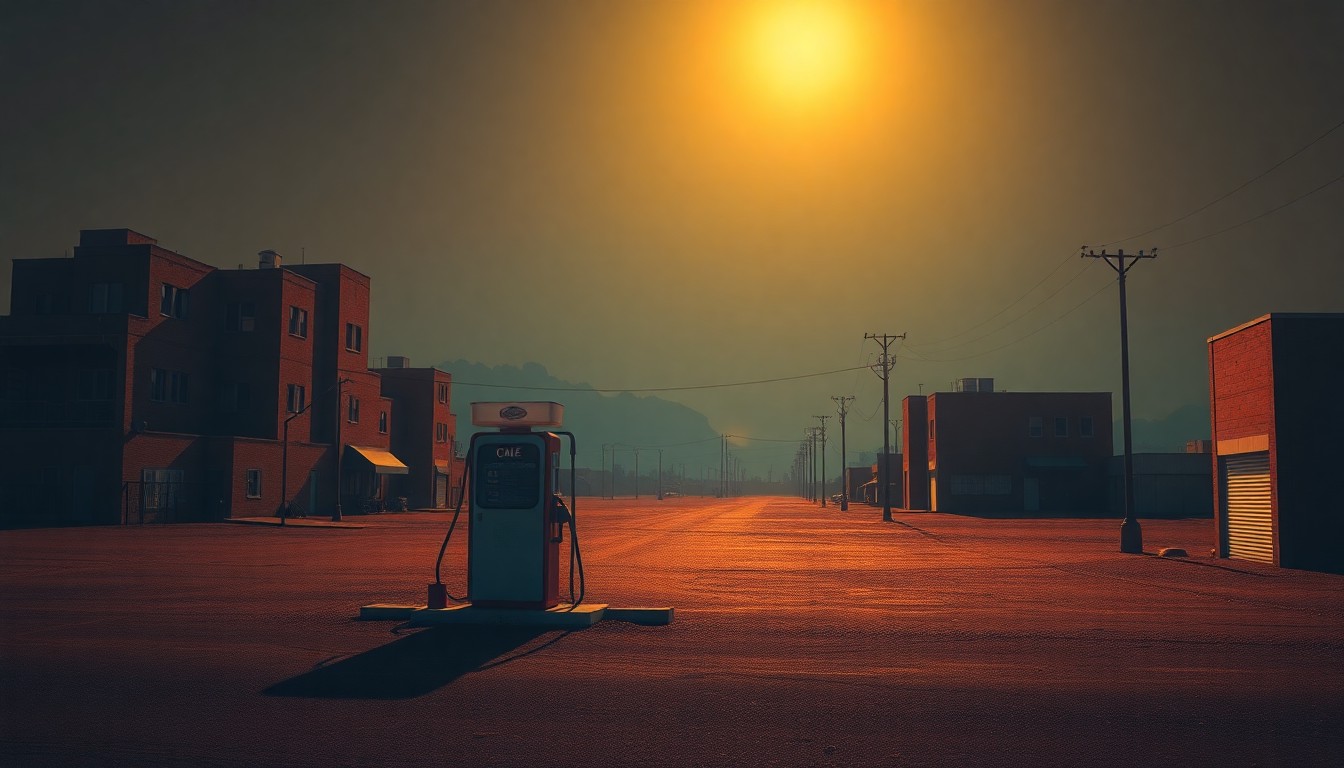 A serene, cinematic painting of a lone oil pump standing in an empty urban setting, the pump's metallic form casting long shadows across the pavement as warm sunlight bathes the scene, conveying a sense of isolation and the weight of geopolitical decisions.