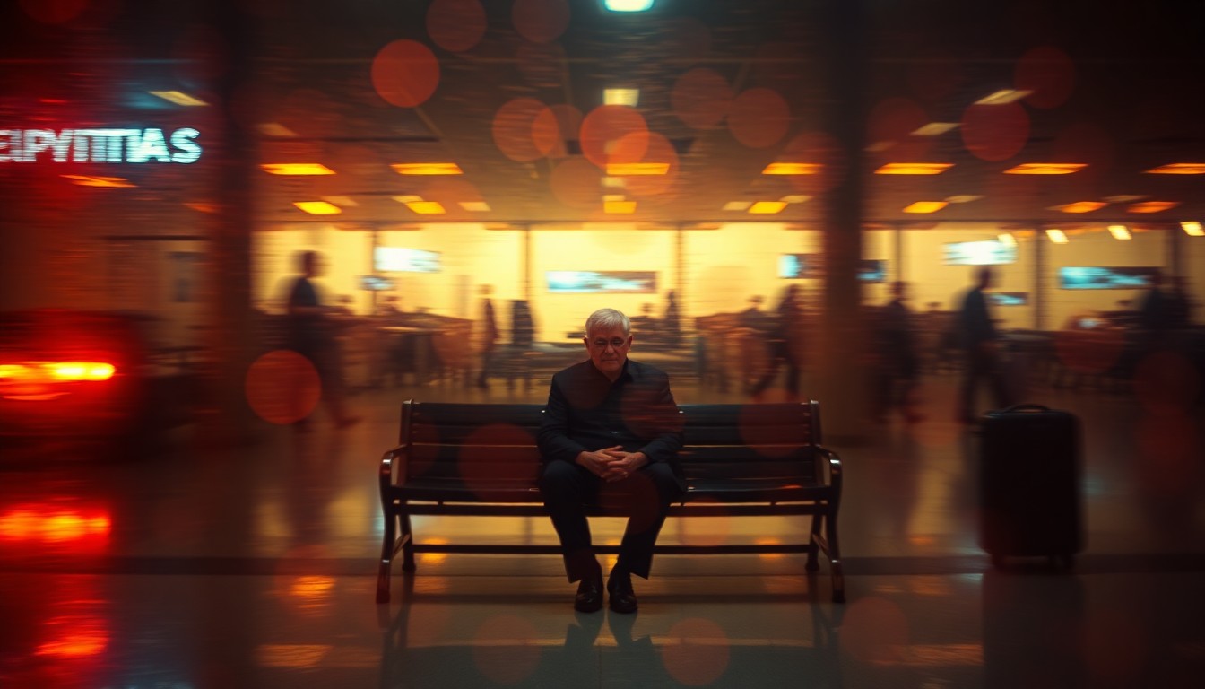 An abstract, out-of-focus photograph depicting a dimly lit airport terminal scene with a lone elderly person sitting on a bench, their face obscured in soft pools of warm color and light, conveying a sense of loneliness and heartbreak.