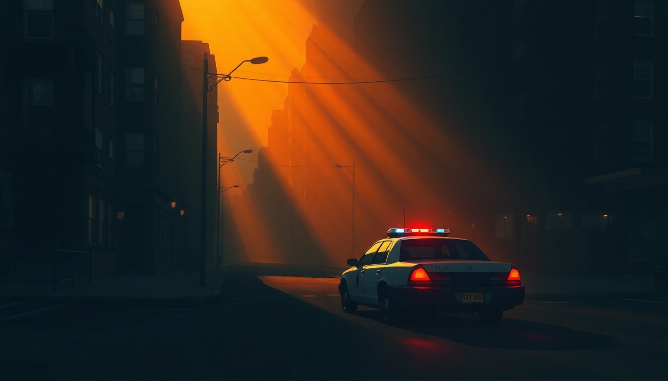 A dimly lit city street scene with a lone police car parked on the curb, the vehicle and surrounding buildings bathed in warm, cinematic lighting and deep shadows, conveying a sense of urban solitude and the need for public safety measures.