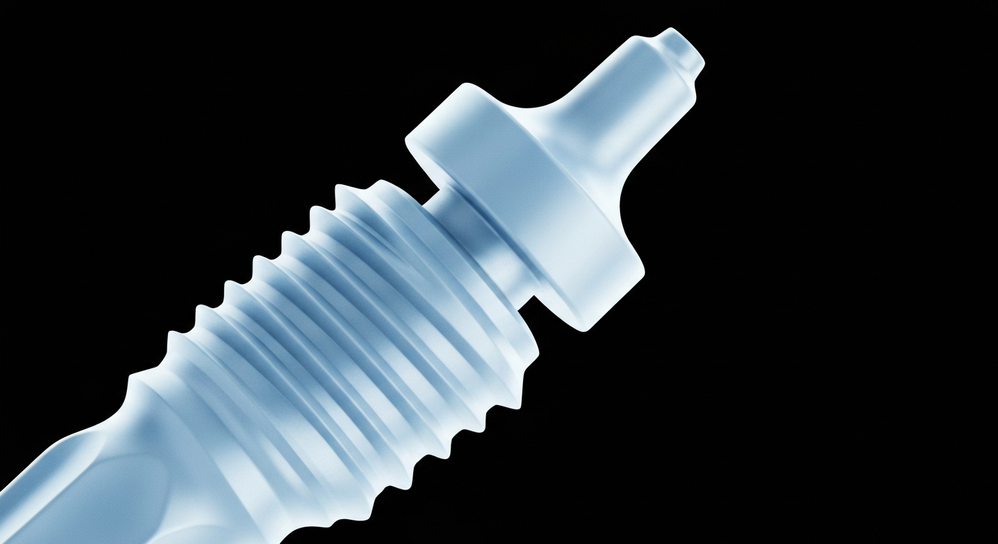 A translucent X-ray photograph showing the internal structure of a dental implant fixture, with its intricate metal components glowing against a dark background.