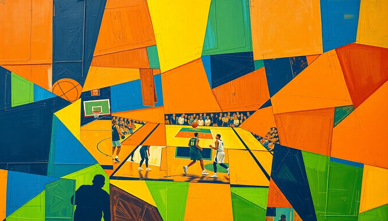 A cubist-style painting featuring overlapping geometric shapes and planes in shades of blue, orange, and green, capturing the dynamic energy and movement of a basketball game.