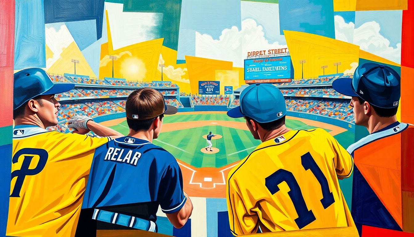 A cubist, geometric painting depicting a baseball game, with sharp, overlapping planes of vibrant colors representing the Padres and Mariners uniforms.