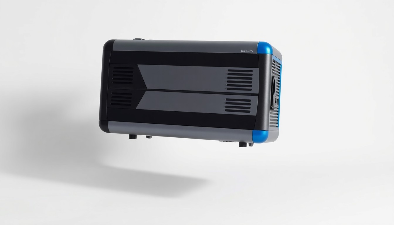 A photorealistic studio photograph of a modern, minimalist electrical power device floating on a clean white background, representing an innovative solution to California's power supply challenges.