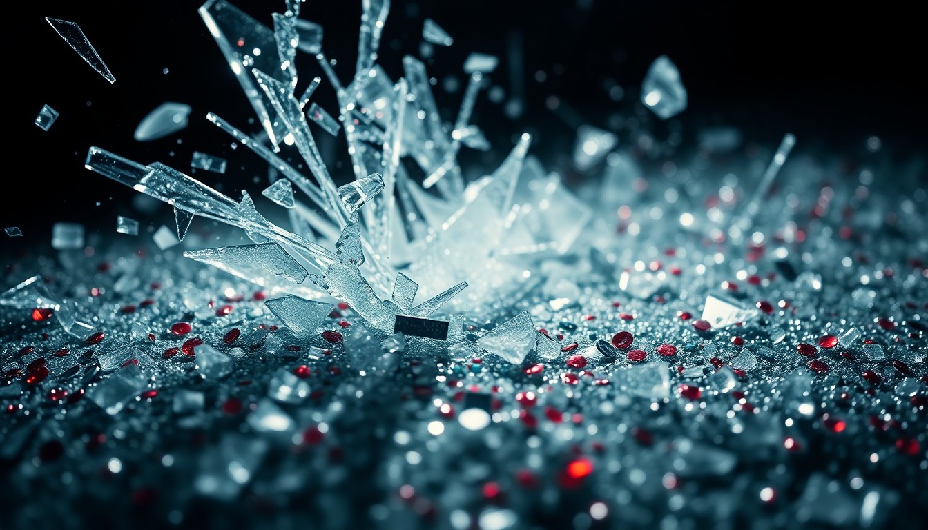 An abstract close-up image of shattered glass and glittering sequins, captured in dramatic high-contrast studio lighting, conceptually representing the complex interplay of fame, controversy, and social responsibility.