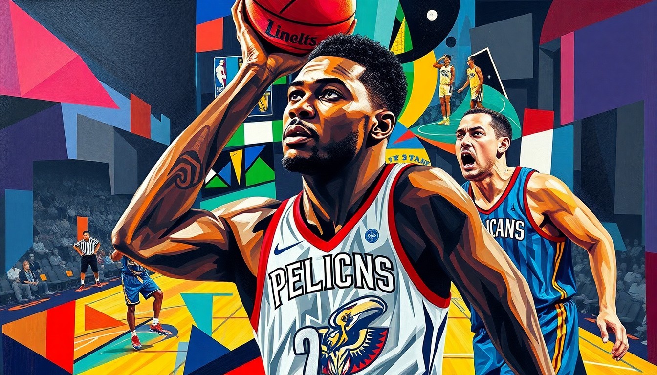 A fragmented, cubist-style painting depicting a basketball player in motion, with the player's form broken down into sharp, overlapping geometric shapes in the Pelicans' team colors of navy blue, red, and gold.