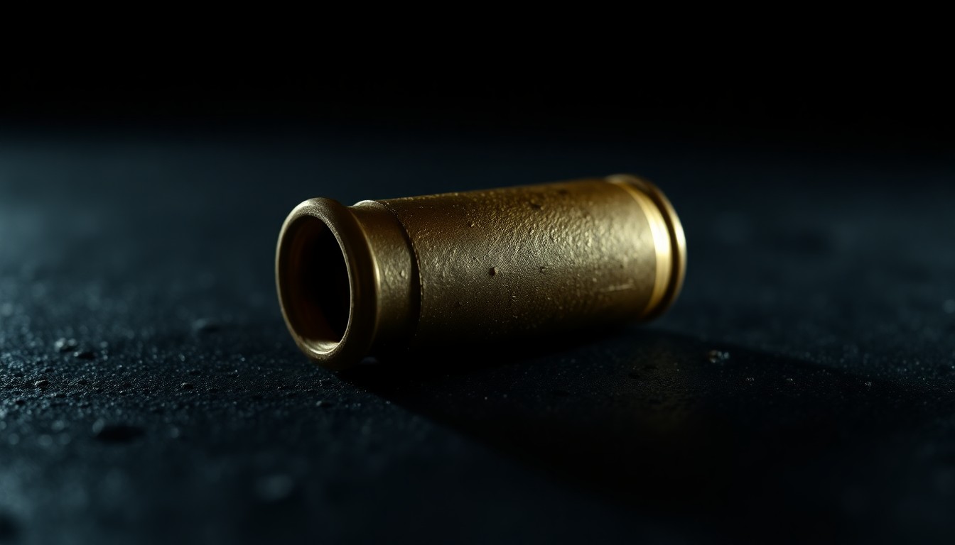 An extreme close-up of a spent shell casing on a dark surface, creating a stark, gritty, investigative visual metaphor for a recent shooting incident.