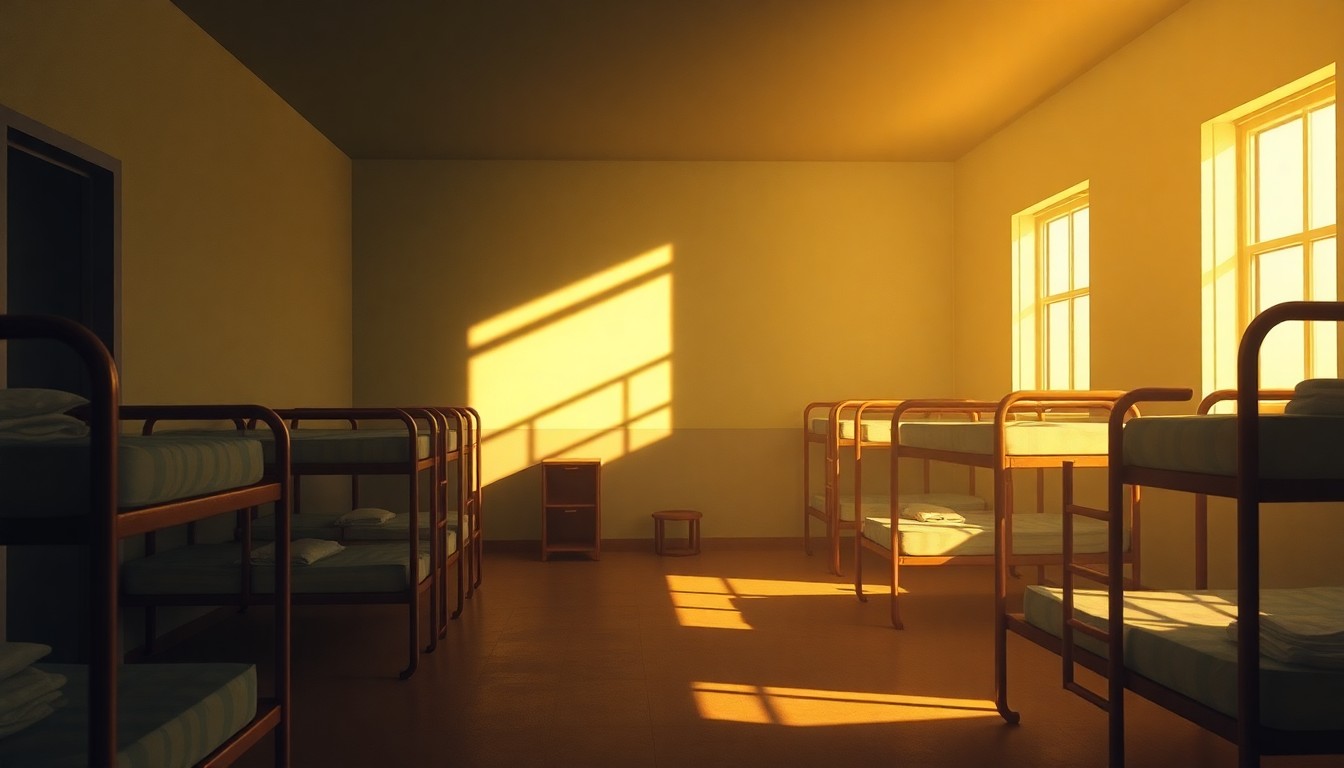 A dimly lit, nostalgic painting of an empty dormitory room with simple wooden beds and a window casting warm, diagonal light across the space, conveying a sense of solitude and uncertainty.