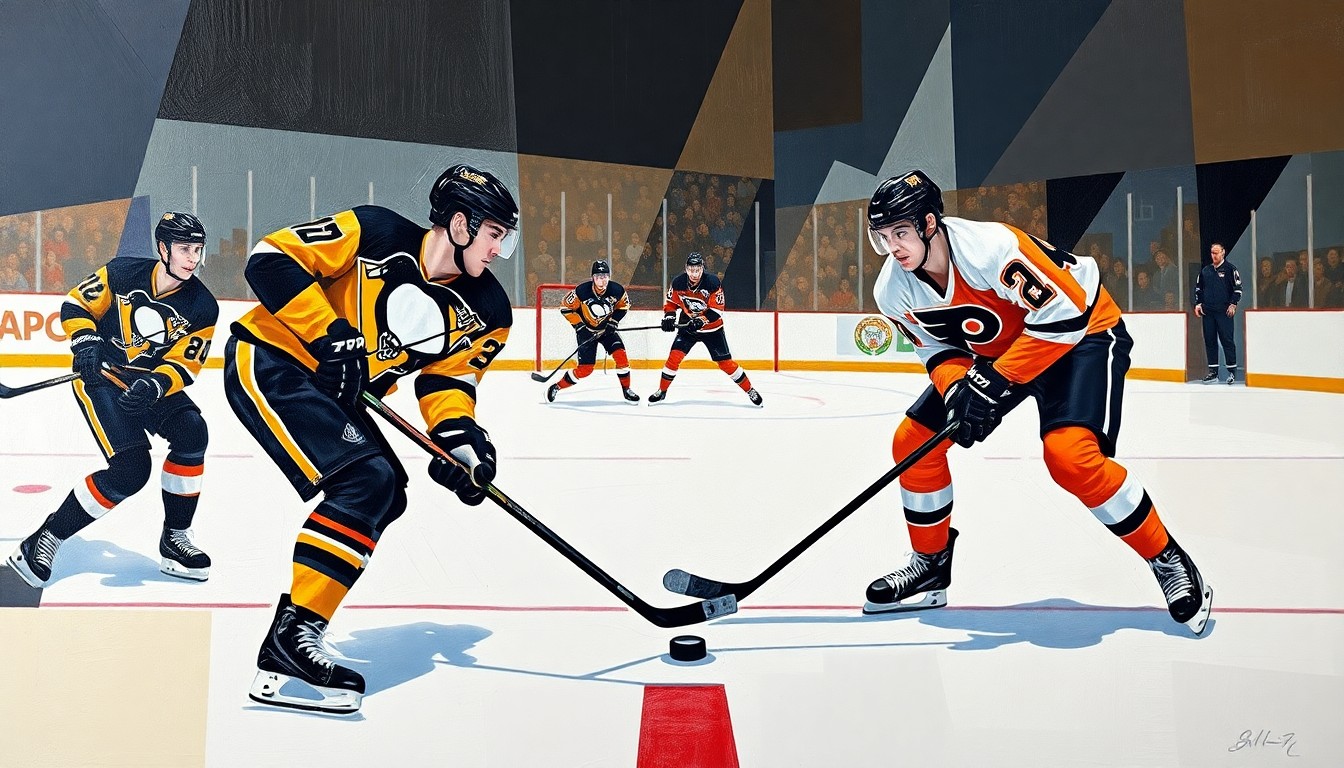 A fractured, multi-perspective painting depicting a hockey game between the Pittsburgh Penguins and Philadelphia Flyers, with the players and ice surface broken down into sharp, overlapping geometric shapes and planes in the team's official colors.