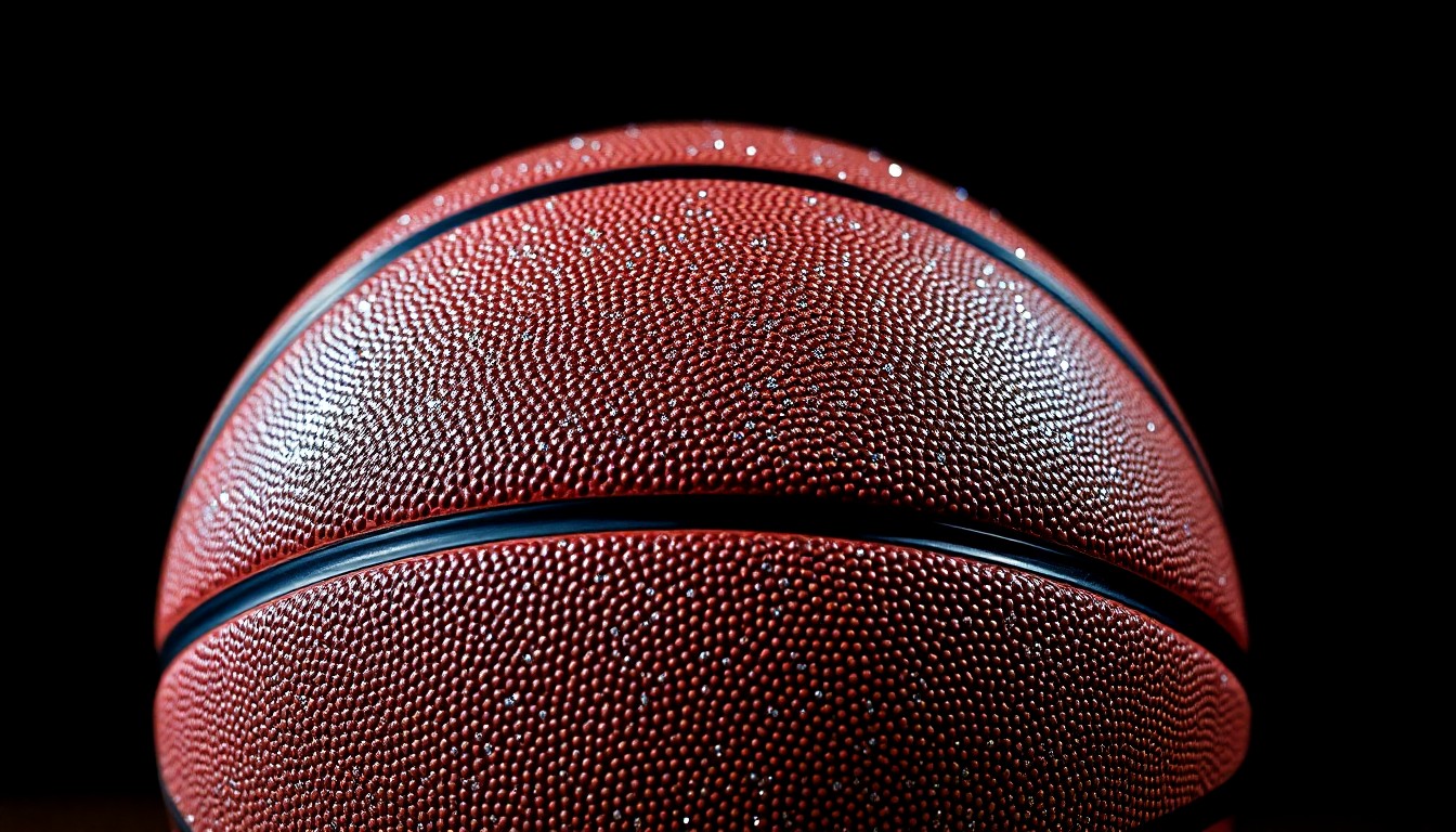 An extreme close-up photograph of the surface of an NBA basketball, with the material capturing dramatic highlights and shadows to create a high-fashion, glamorous aesthetic without depicting any literal objects or people.