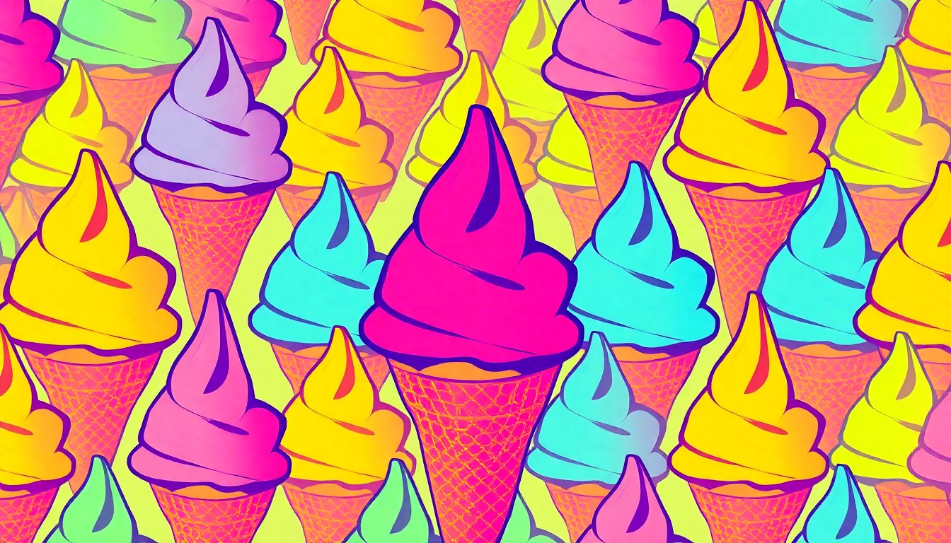 A brightly colored, high-contrast silkscreen print of a single, iconic ice cream scoop in a waffle cone, repeated in a tight grid pattern, conceptually representing the arrival of a popular ice cream brand in a new market.