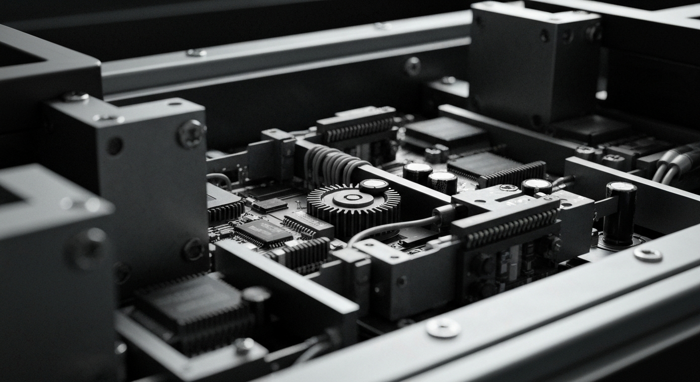 An extreme close-up of the complex, interconnected components that make up a high-tech optical device, conveying the technical sophistication and industrial nature of the industry.
