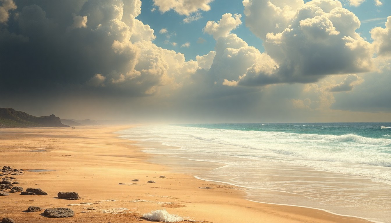 A sweeping, atmospheric landscape painting depicting a vast, sunlit beach with crashing waves and a distant horizon, conveying the sublime scale and power of the ocean.