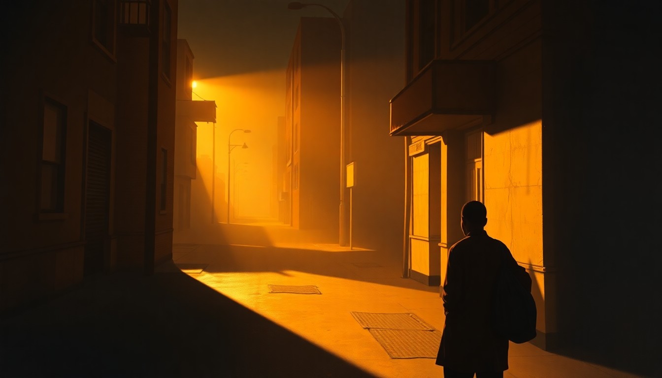 A solitary figure of a Haitian immigrant standing alone on a city street, the warm light and deep shadows creating a contemplative, cinematic mood that reflects the high stakes of the political debate.