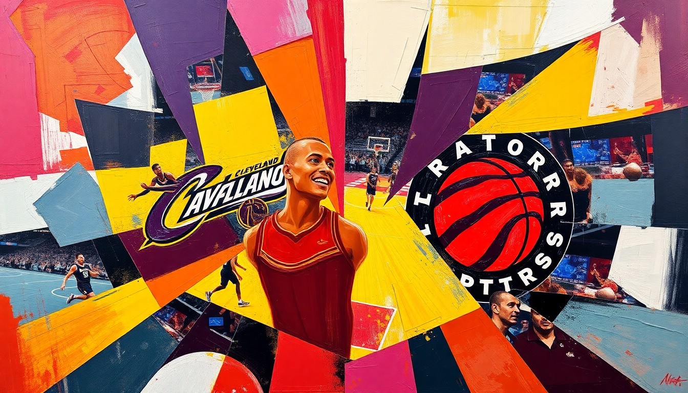 A cubist, geometric painting depicting a basketball game between the Cleveland Cavaliers and Toronto Raptors, with sharp, overlapping planes of color representing the dynamic action on the court.