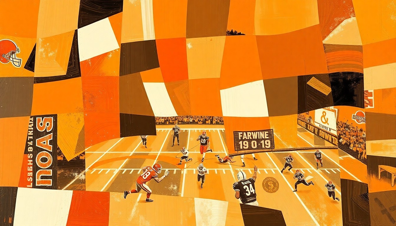 A cubist, geometric painting in shades of brown, orange, and white, depicting a fragmented, multi-angled view of a football game, representing the Browns' search for hidden gems in the later rounds of the draft.
