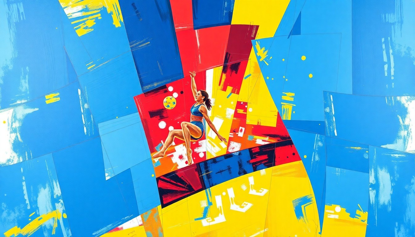 A cubist, geometric painting depicting fragmented images of gymnasts in motion, using bold colors and overlapping shapes to capture the dynamic energy of the sport.