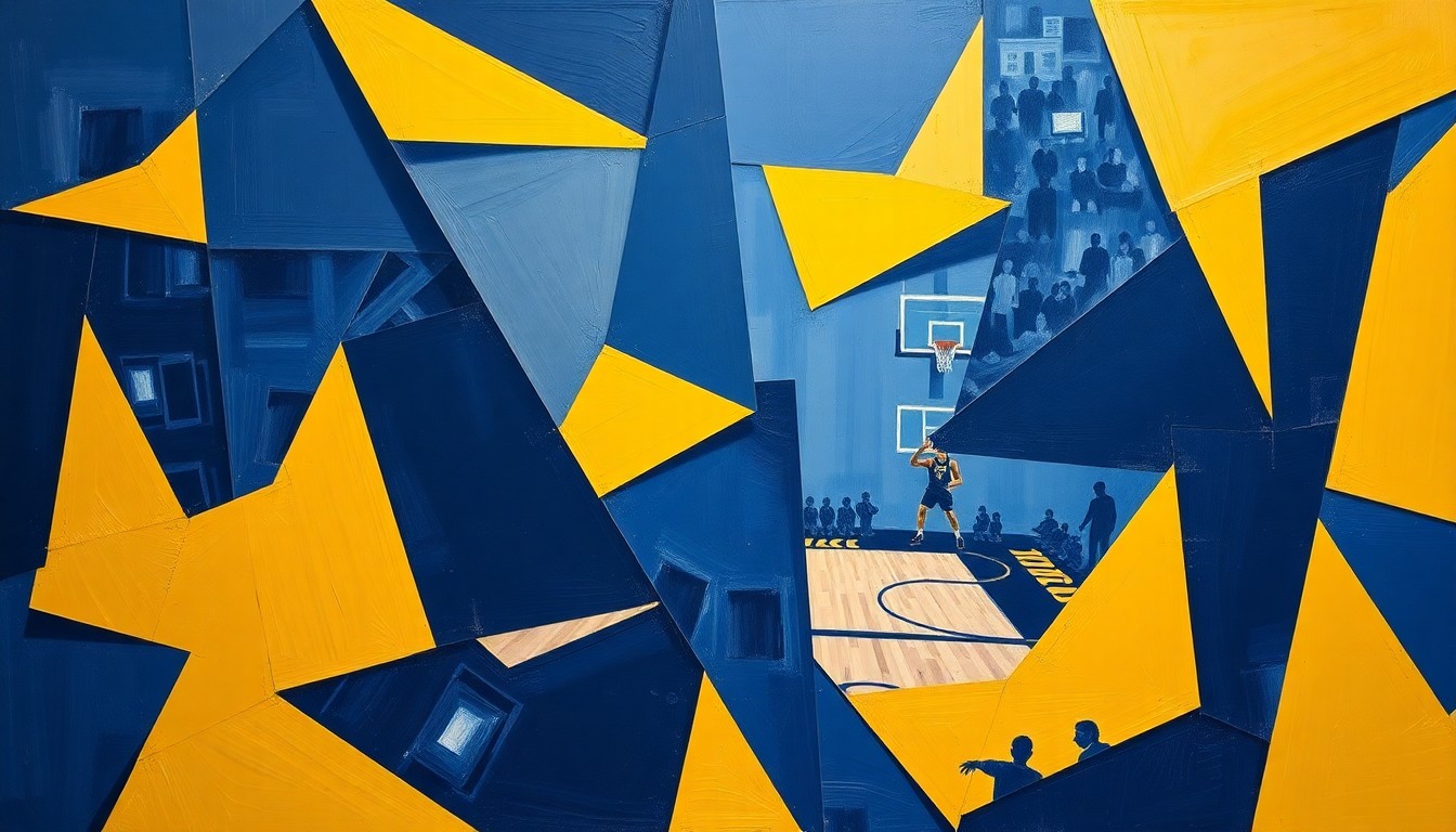 A fractured, cubist-style painting depicting the dynamic movements and energy of a basketball game, with sharp geometric shapes and planes in navy blue and gold representing the Akron Zips team colors.